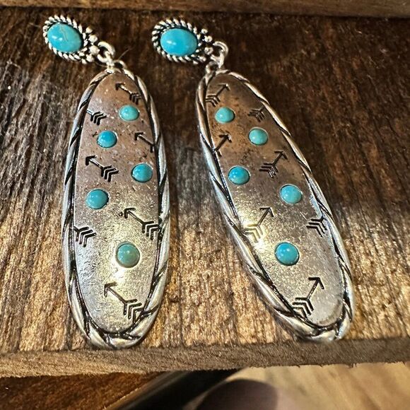 Boho Hippie Cowgirl Western Stamped Stone Earrings - Cactus Thunderbolt Arrows, - Picture 2 of 7